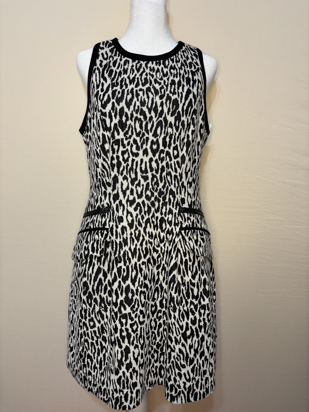 Nanette Lepore Black & White Leopard Print "After Dark" Sleeveless Dress Sz 8